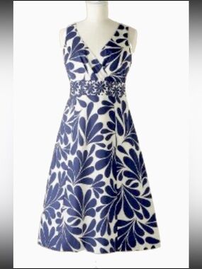 Boden Amalfi Summer Dress Women UK12R US 8R Retro Blue White V-neck Vacation